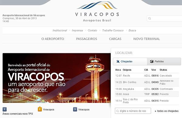Portal traz informações como os voos de partida e chegada e as tarifas dos estacionamentos (Reprodução/site de Viracopos)