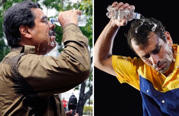 Nicolás Maduro (E) e Henrique Capriles (D) se refrescam durante comícios na Venezuela (France Press)