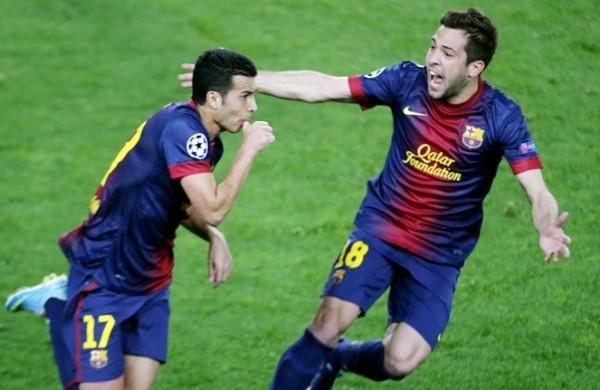 Pedro (à esq.) fez o gol que garantiu o Barça nas semifinais da Liga dos Campeões (Cedoc)