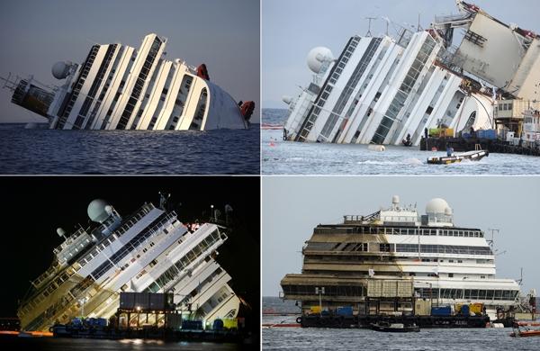 Sequência de imagens mostra a evolução do trabalho para reerguer o navio Costa Concordia (France Press)