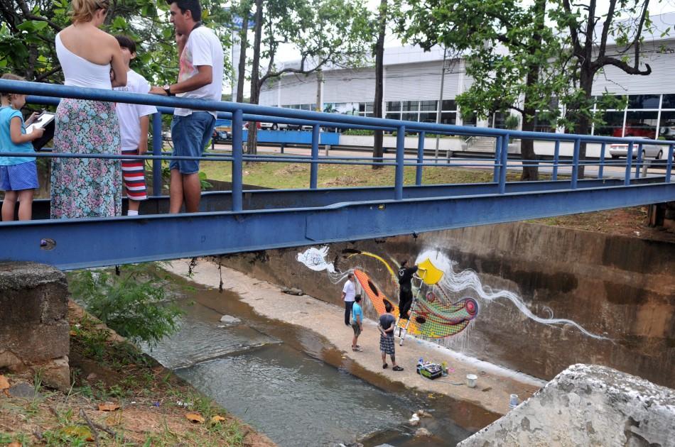 Trabalho de grafitagem realizado neste domingo pelo artista Fernando Madeira, no córrego da Norte-Sul, em Campinas  (Dominique Torquato/AAN)