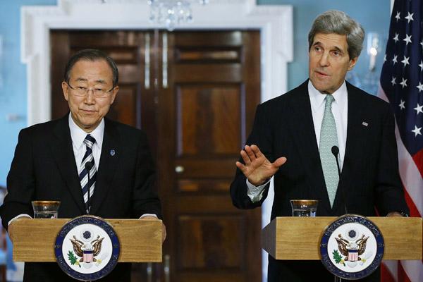 As declarações foram feitas por Kerry durante uma coletiva de imprensa ao lado do secretário-geral da ONU, Ban Ki-moon (France Press)
