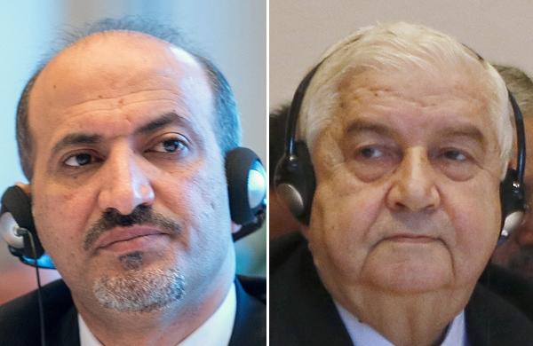 Líder opositor sírio, Ahmad Jarba (E) e Ministro do Exterior da Síria, Walid Muallem (D) (France Press)