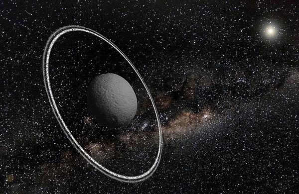 Concep&ccedil;&atilde;o art&iacute;stica mostra o sistema de an&eacute;is detectados ao redor do asteroide Chariklo  (Lucie Maquet/Divulgação)