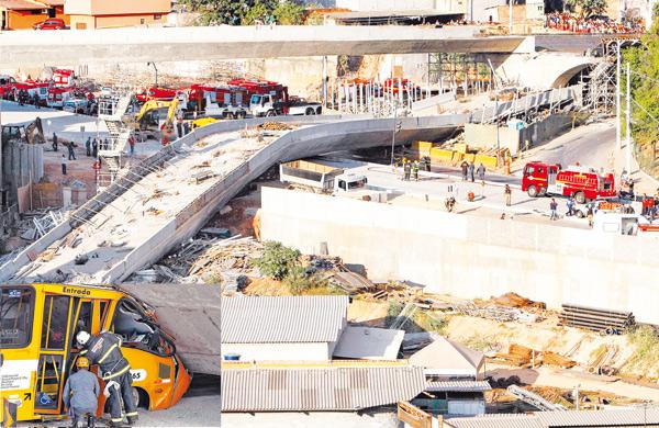 Parte do Viaduto Guararapes, ainda em obras, caiu por volta das 15h e atingiur
ve&iacute;culos, entre eles o micro-&ocirc;nibus ao lado  ( Cedoc/ RAC)