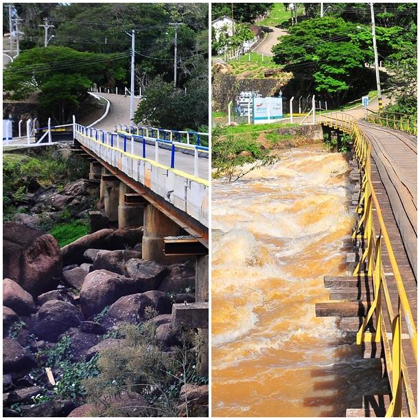 Fotos mostram situa&ccedil;&atilde;o diferentes do Rio Jaguari: agora est&aacute; seco, mas h&aacute; um ano estava caudaloso no mesmo ponto (&agrave; direita) (Leandro Ferreira)