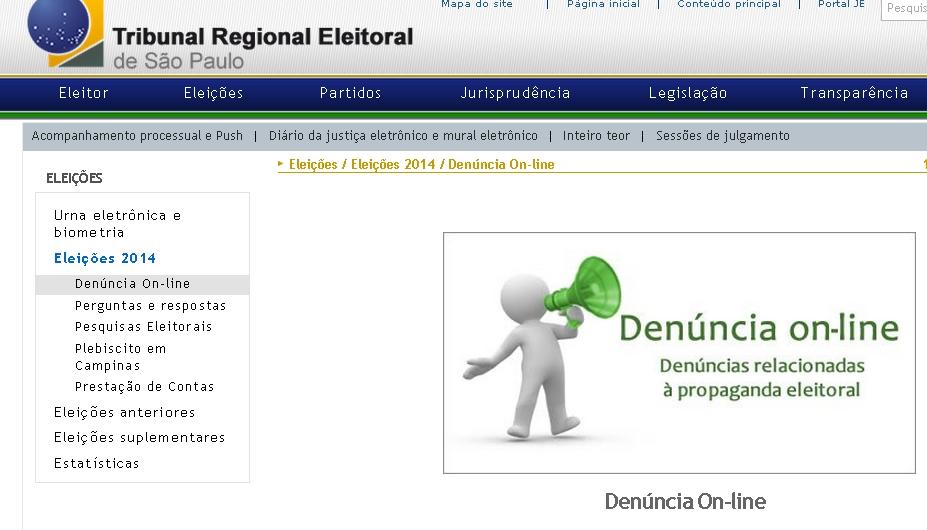 Site, Den&uacute;ncia on-line, irregularidade, campanha, eleitoral, 2014 (Captura de tela)