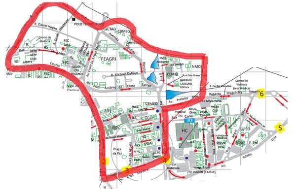 Mapa da universidade: &aacute;rea interna ao contorno em vermelho pode ficar sem &aacute;gua (Divulgação/ Unicamp)