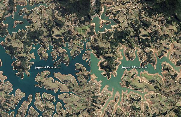 &Agrave; esquerda, imagem de sat&eacute;lite da Nasa da Represa Jaguari em 2013; &agrave; direita, imagem de sat&eacute;lite da represa em 2014 ( Reprodução/ Nasa)