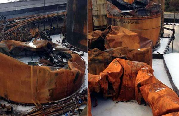 Bombeiros e funcion&aacute;rios da empresa prosseguem no trabalho de transfer&ecirc;ncia de cerca de tr&ecirc;s mil litros de &aacute;lcool anidro de um dos taques incendiados para outro n&atilde;o atingido pelas chamas (Divulgação/Corpo de Bombeiros de Santos)