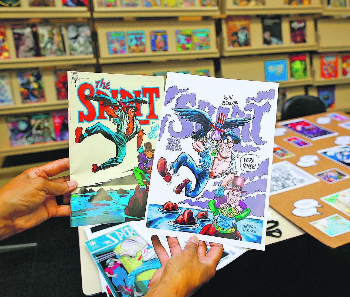 Reproduções de capas de The Spirit feitas por cartunistas brasileiros inspiradas no gênio das HQs. (Leandro Ferreira)