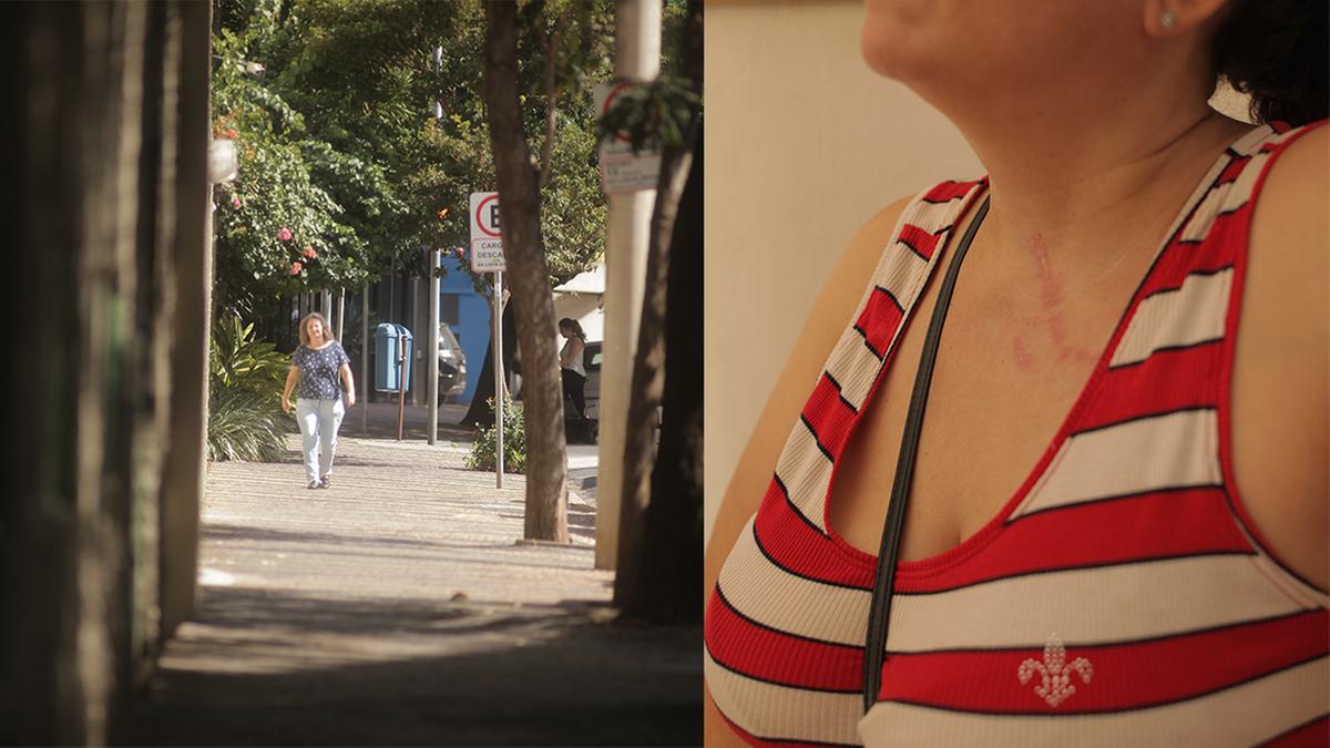 Local onde a professora foi atacada no bairro; à direita, as marcas no pescoço dela, onde a corrente foi arrancada (Kamá Ribeiro)