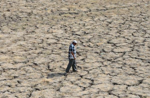 Indiano caminha por lago seco devido ao forte calor que atinge a &Iacute;ndia (France Press)
