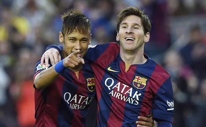 Neymar comemora seu gol junto com Messi: Bar&ccedil;a deu show contra o Getafe (France Press)