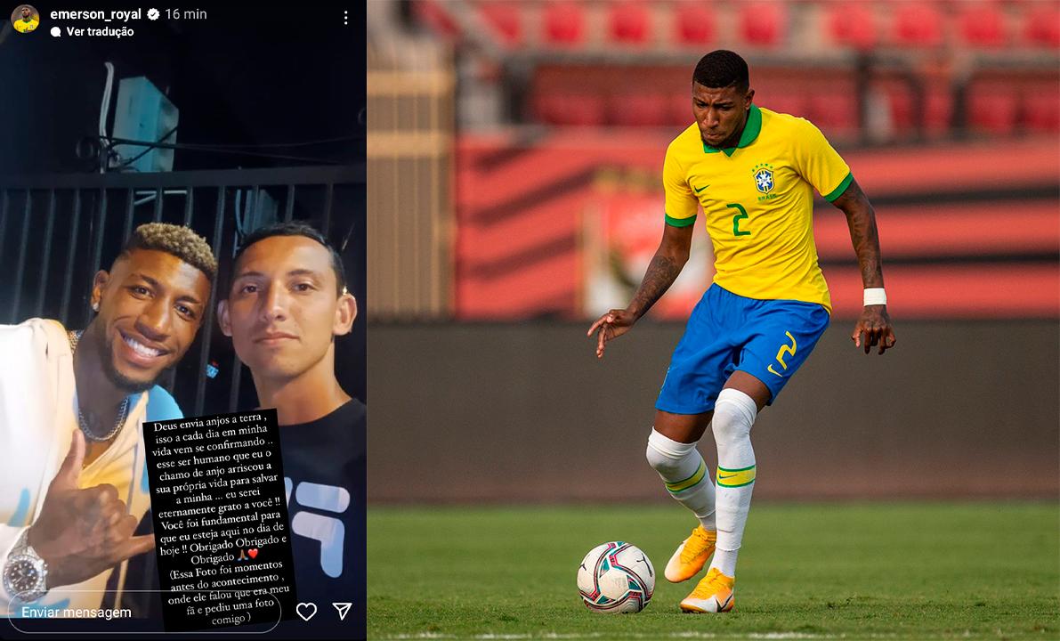 O jogador do Tottenham, Emerson Royal, jogou pelo Brasil; imagem dele com o policial que o salvou (Twitter/Rede social)