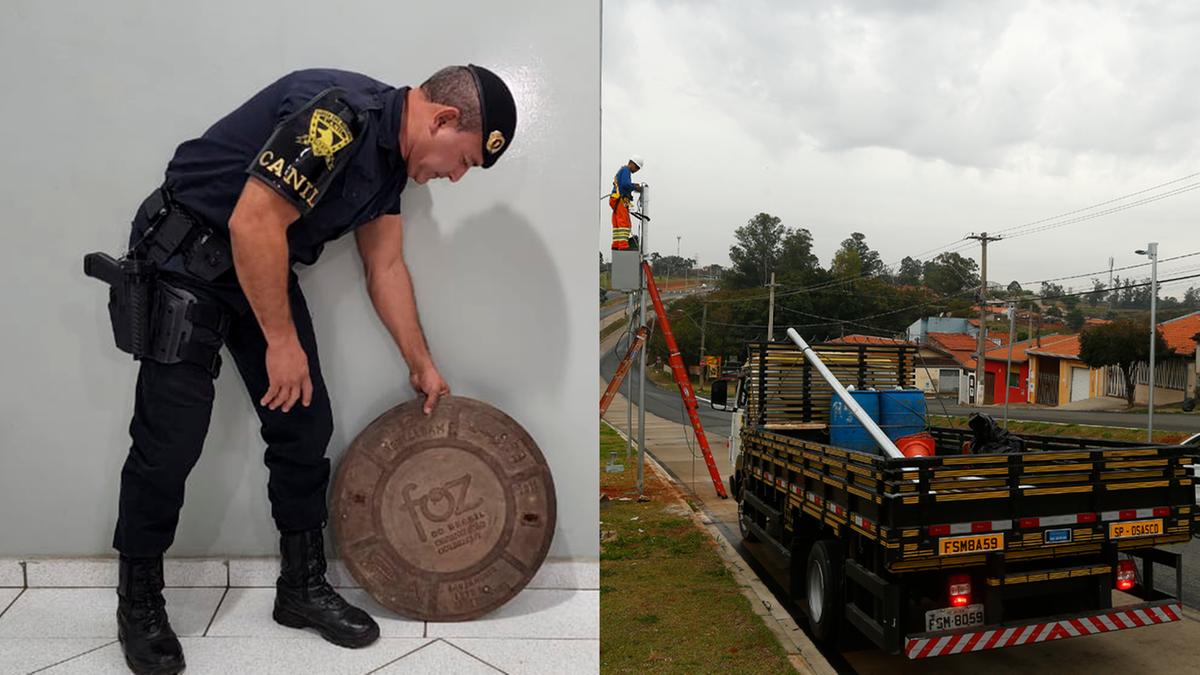 GM com a tampa de bueiro que pesa 20 quilos; trabalhador realiza a troca de equipamento de radar furtado (Divulgação | Gustavo Tilio)