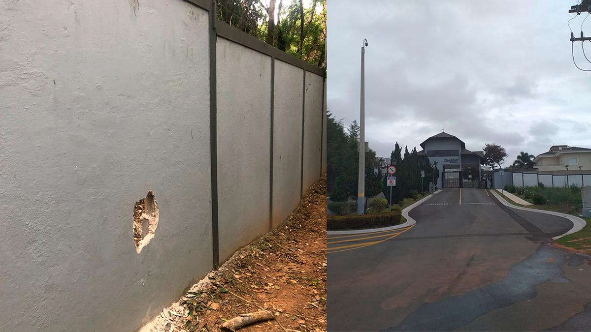 À esq. o buraco que foi aberto pelos criminosos e à dir. entrada do condomínio onde duas casas foram roubadas (Alenita Ramirez)