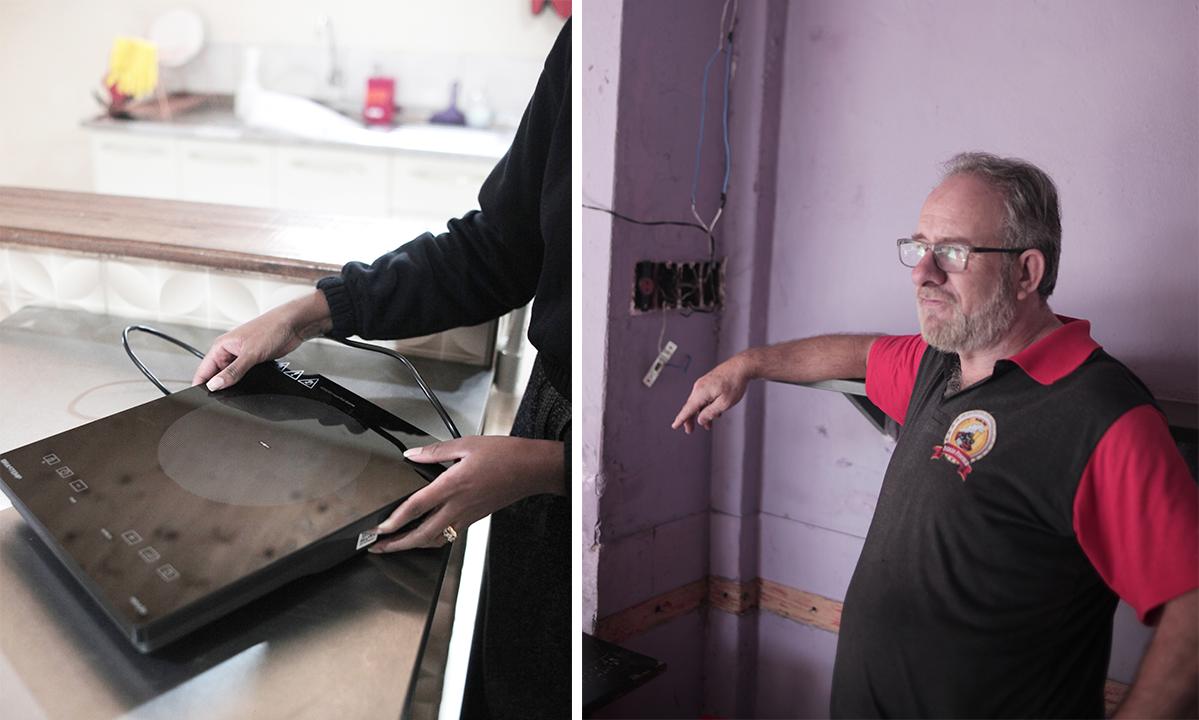 À esq. o cooktop elétrico que foi furtado e depois recuperado; à dir. comerciante mostra o que restou da fiação (Kamá Ribeiro)