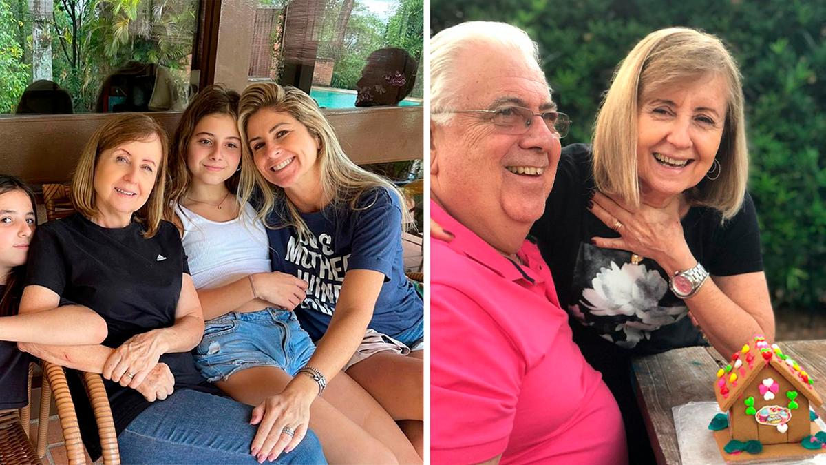 A apresentadora e jornalista junto à mãe, Florinda Maldonado Aricó, de 73 anos, que morreu no acidente; (à dir.) a mãe com o pai dela , Vicente Aricó (Álbum de família)