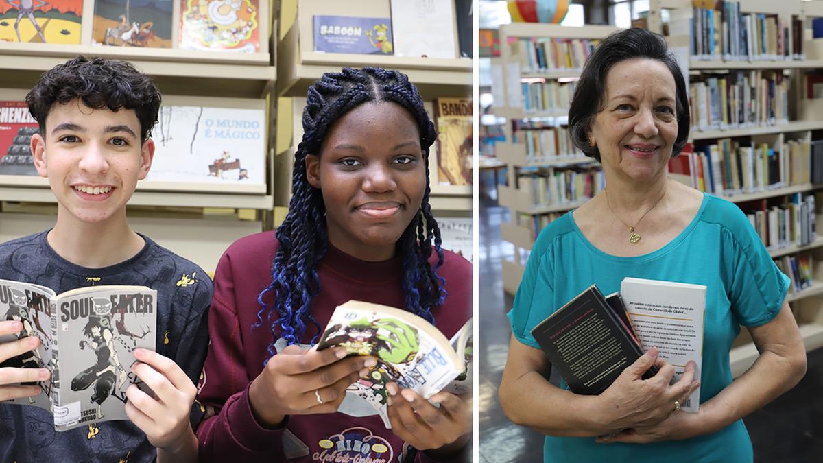 Os estudantes Lucas Amaral e Estela Melo e a aposentada Terezinha Braggion da Costa são frequentadores assíduos da Biblioteca Municipal: exemplos que ajudam a manter vivos estes espaços que estão sob ameaça de fechamento no Brasil (Dominique Torquato)