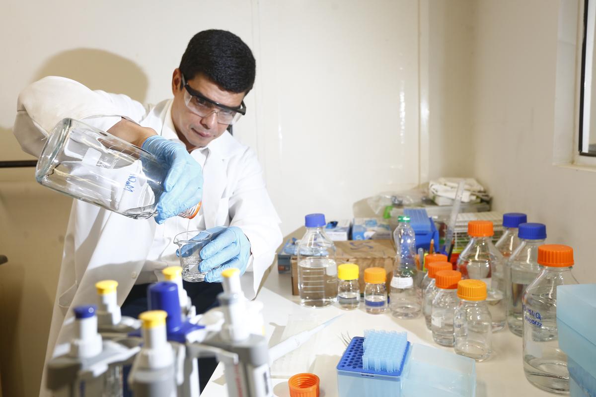 Rodrigo Ramos Catharino, coordenador do Laboratório Innovare de Biomarcadores da Unicamp, realiza testes com as mesmas mercadorias compradas pelos consumidores em supermercados e mercadinhos da região (Gustavo Tilio)