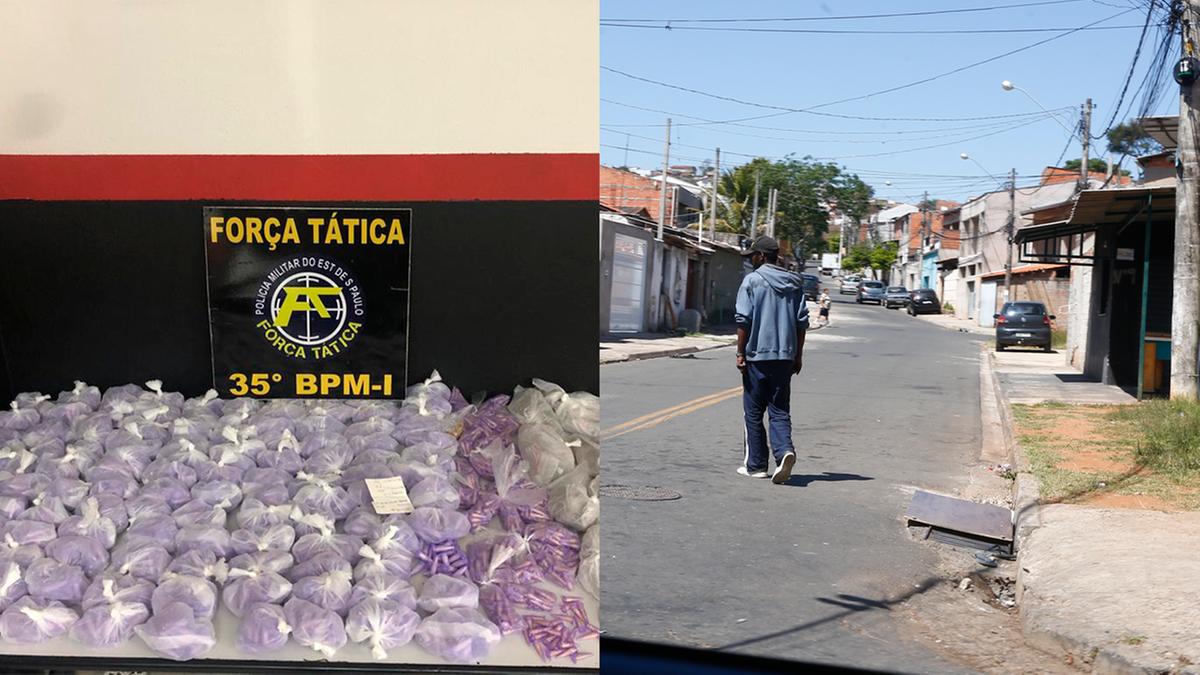 Entorpecentes apreendidos pela equipe de policiais da Força Tática dentro do bueiro (à esq.); local onde o bueiro era usado para armazenar as drogas (Divulgação)