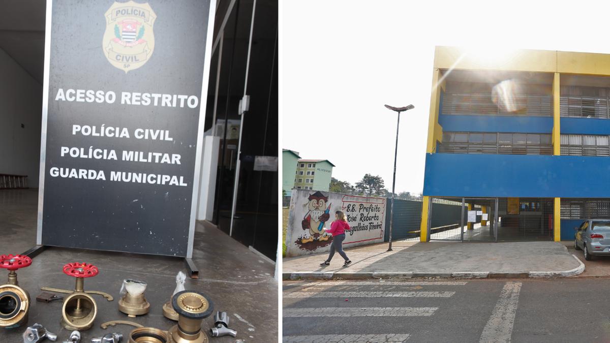 Material que foi apreendido com o suspeito e proprietário de um ferro-velho, que teria receptado o produto de crime; (à dir. ) fachada da escola (Rodrigo Zanotto e Gustavo Tilio)