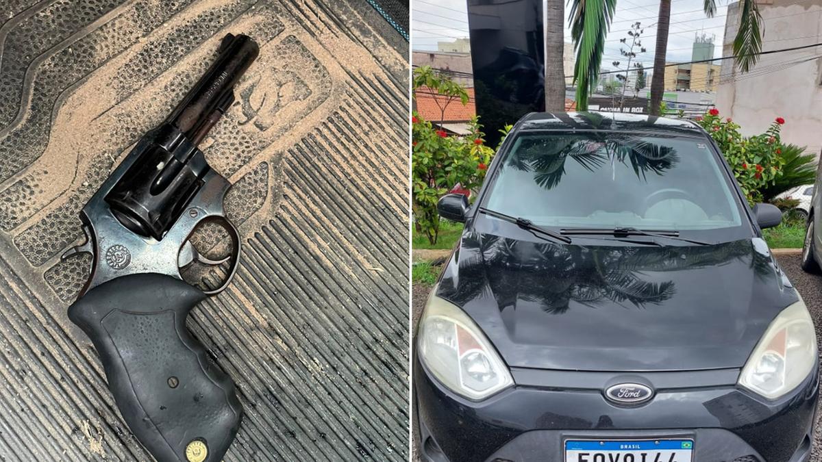 Polícia encontrou um revólver calibre 38 com numeração raspada e um veículo Ford Fiesta preto, utilizado no sequestro da vítima e identificado pelas câmeras de segurança (Divulgação)