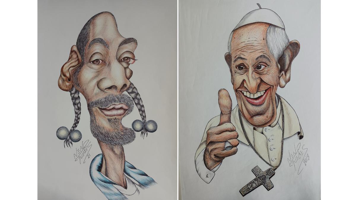 As caricaturas de Snoop Dogg e do Papa Francisco são algumas das obras de Neno Guedes que podem ser vistas na mostra (Divulgação)