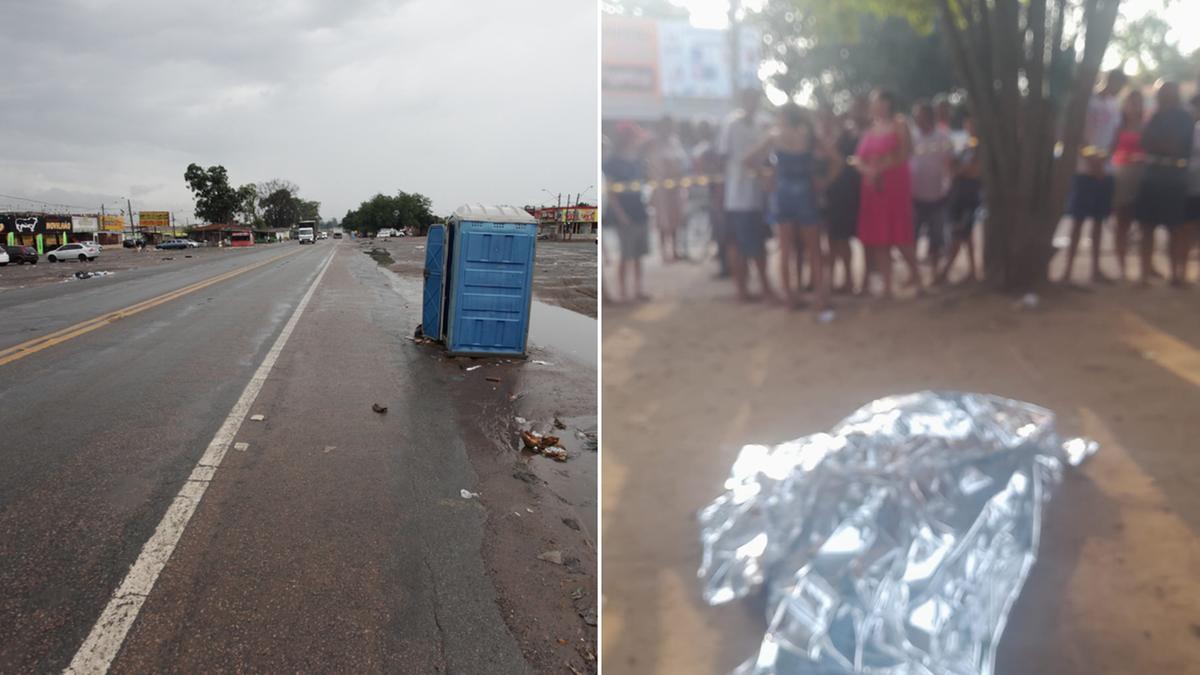 Rodovia Miguel Melhado de Campos, no Jd. Campo Belo, no km 89,5, onde é realizada a feira (à esq.); corpo coberto da vítima executada (à dir.) (Rodrigo Zanotto e Divulgação)