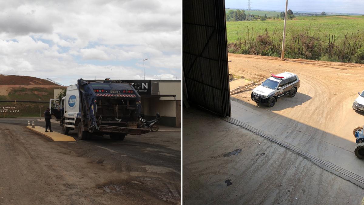 Um dos caminhões que transportam o lixo para usina em Paulínia (à esq.) e a viatura da Polícia Civil que atendeu o caso: episódio macabro e misterioso (Rodrigo Zanotto e Divulgação)