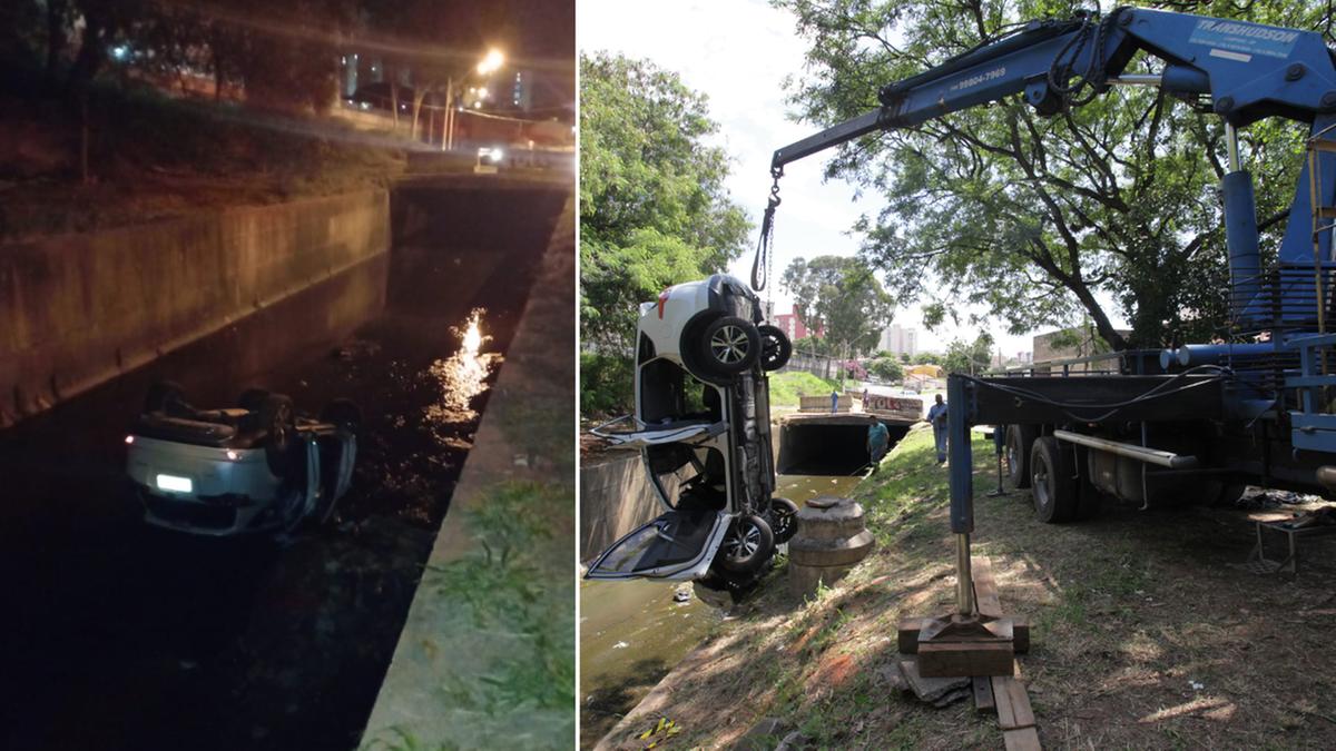 À esquerda, o veículo da vítima, mantida refém pelos bandidos, que caiu na galeria do Córrego do Piçarrão; à direita, caminhão-guincho retira o carro do local: mulher saiu ilesa do acidente (Divulgação e Rodrigo Zanotto)