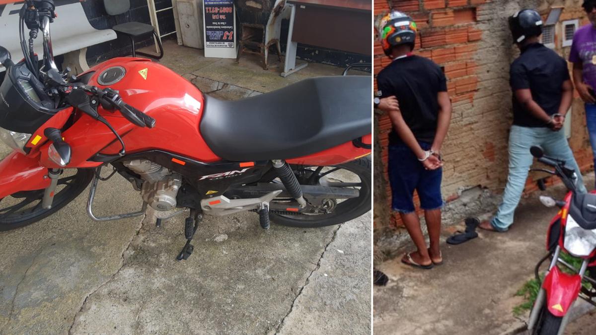 A motocicleta e os dois suspeitos apreendidos pelo envolvimento no golpe do “falso sequestro” aplicado contra idosa em Hortolândia (Divulgação)