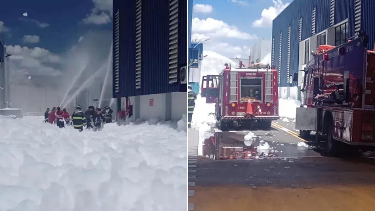 Espuma foi utilizada para conter as chamas em produtos líquidos inflamáveis; viaturas dos bombeiros foram acionadas para dar suporte de atendimento na indústria de Vinhedo (Defesa Civil Vinhedo)