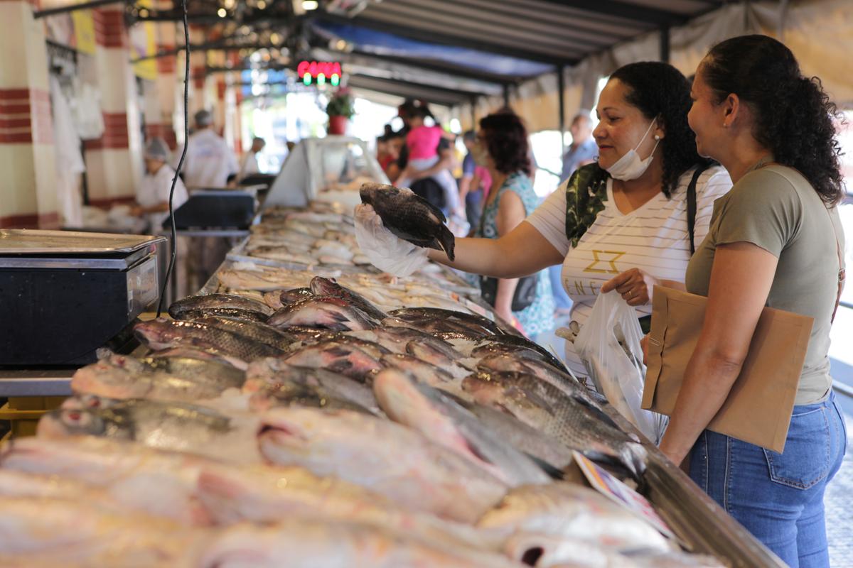 Consumidores no Mercado Municipal de Campinas: preço dos peixes está mais acessível, como o quilo do cação, vendido a R$ 34,90, da corvina (R$ 21,90) e tilápia (também R$ 21,90) (Rodrigo Zanotto)