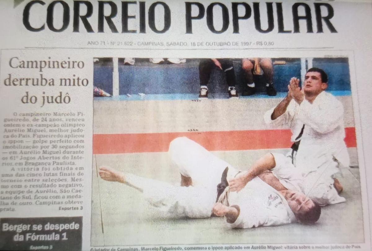 Capa do Correio Popular em 1997 exibe emoção de Marcelo Figueiredo ao vencer Aurélio Miguel nos Jogos Abertos de Bragança Paulista (Reprodução)