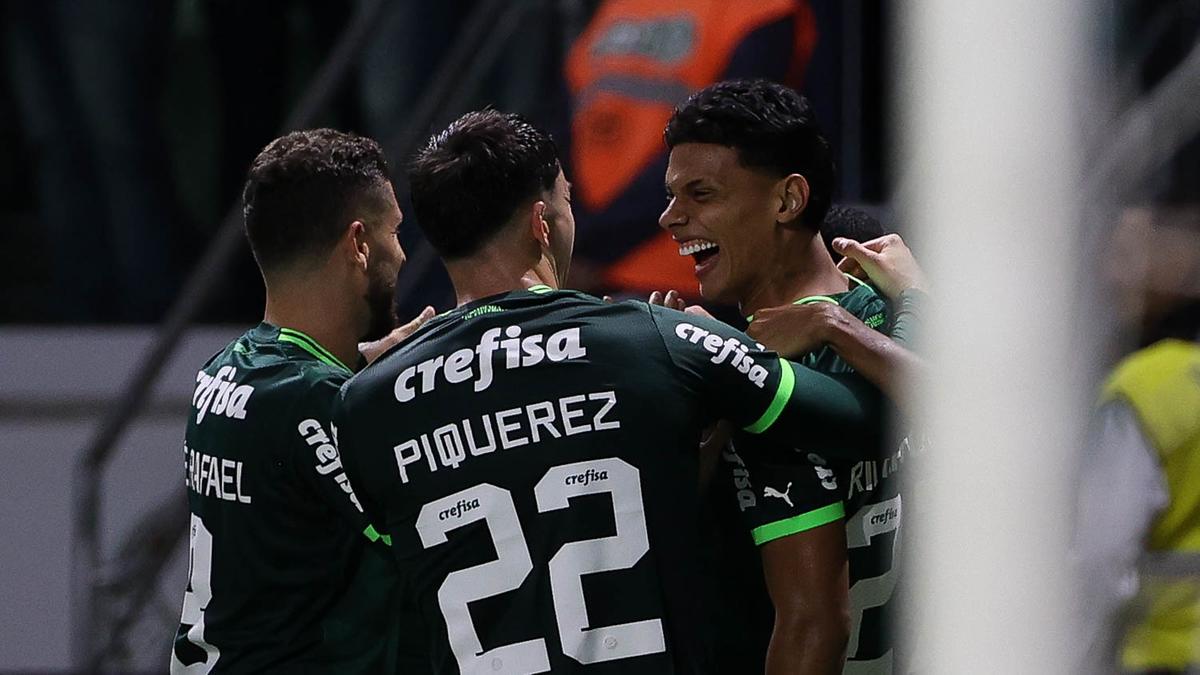Richard Ríos comemora primeiro gol com a camisa do Palmeiras (Cesar Greco/Palmeiras)