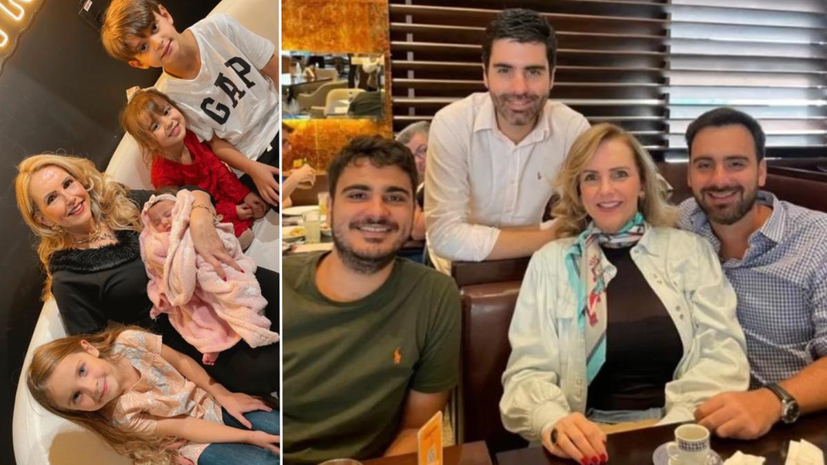 Ela com a nova geração da família; Otávio, Pedro e Fabiano sempre estão com a mãe (Arquivo pessoal)