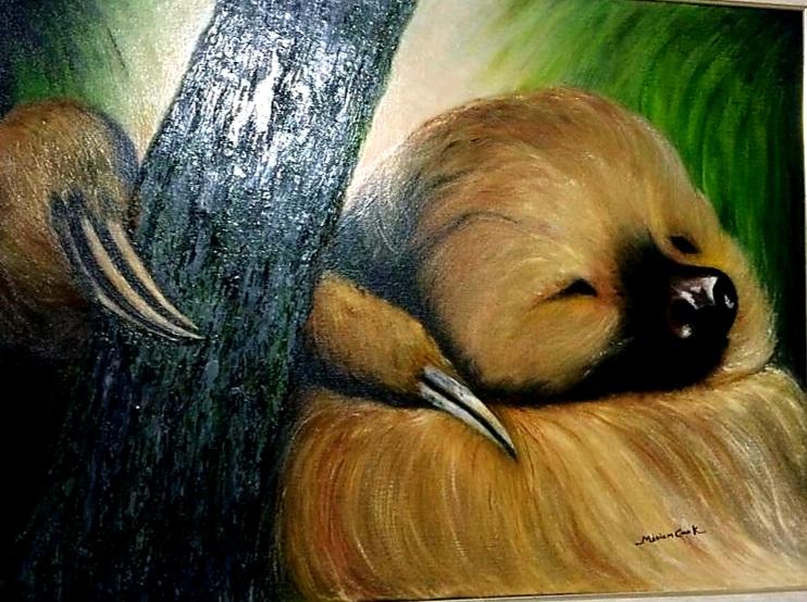 A obra “Bicho-preguiça do Amazonas”, feita com a técnica óleo sobre tela pela artista campineira Miriam Cook, compõe a mostra no CCLA (Divulgação)