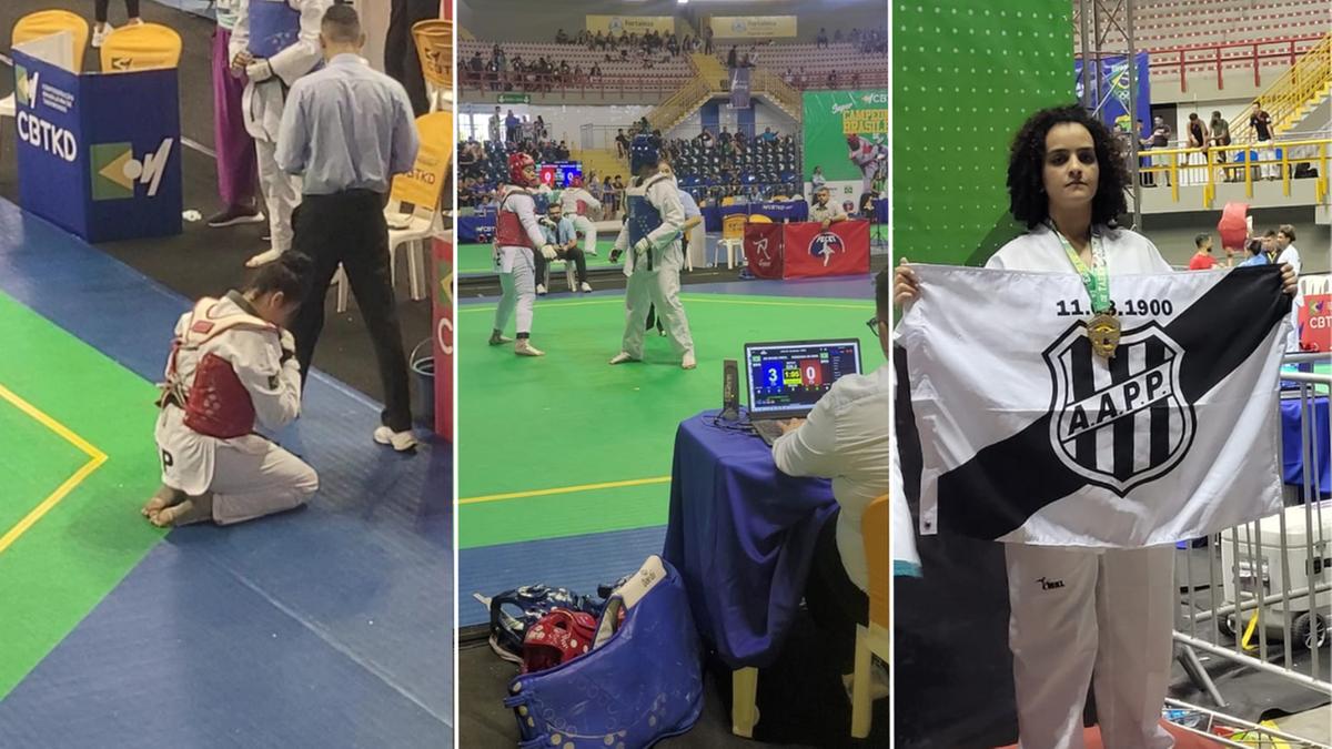 Larissa ora no canto do tatame; Medalha de bronze, Gabi Leocádio exibe a bandeira da Ponte Preta em Fortaleza (Divulgação)
