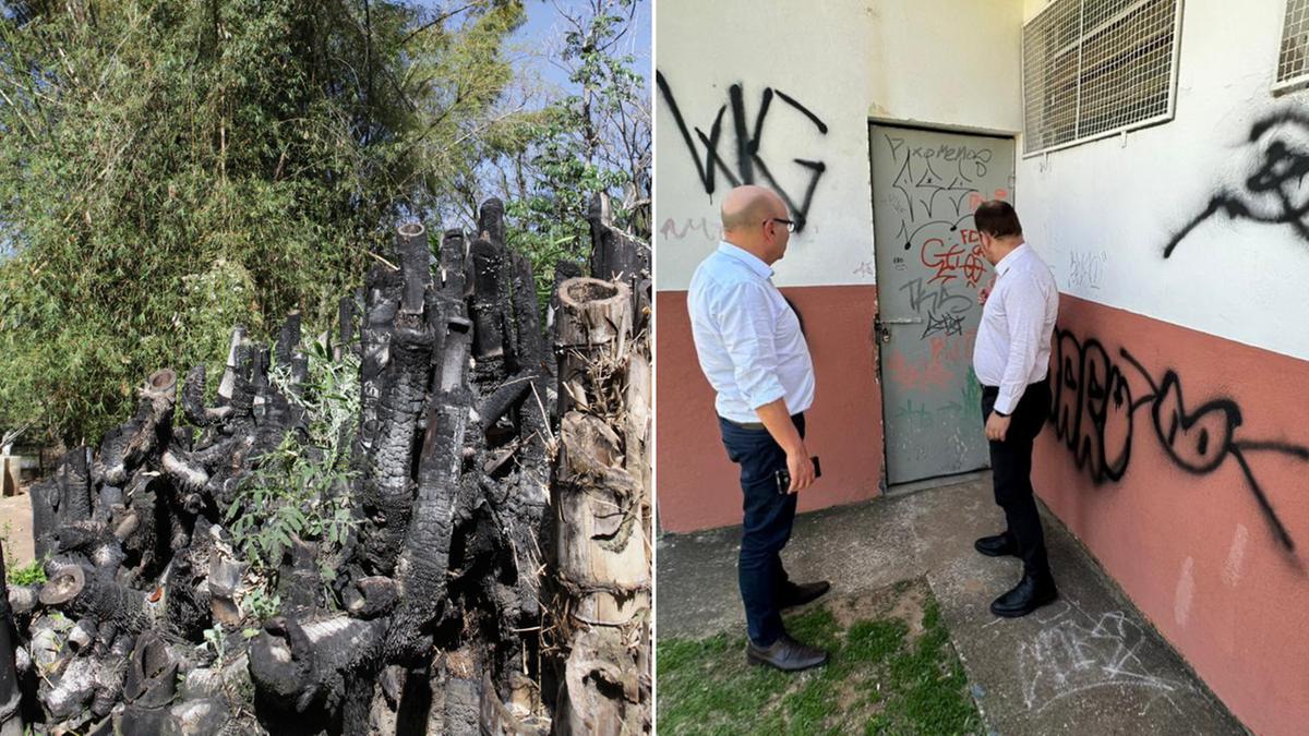 Resquício do incêndio na Lagoa do Taquaral; Dário observa pichações feitas terça-feira na Lagoa (Rodrigo Zanotto e Divulgação PMC)