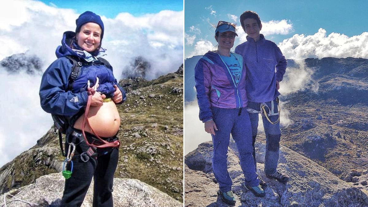 A escaladora Rosita Belinky grávida do Gabriel no Cume das Prateleiras e 15 anos depois, no mesmo lugar, ao lado do filho (Divulgação)