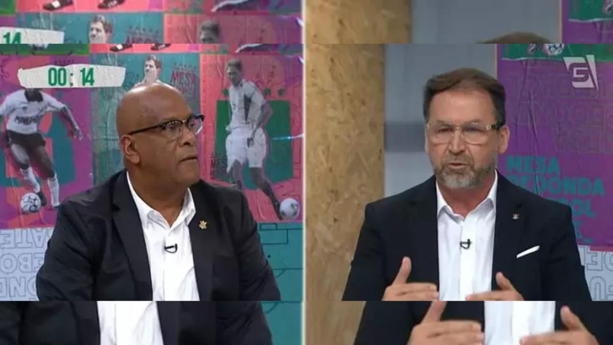 Debate entre os candidatos à presidência do Corinthians, André Negão da chapa Renovação e Transparência, e Augusto Melo da Frente Ampla da oposição (Reprodução/ TV Gazeta)