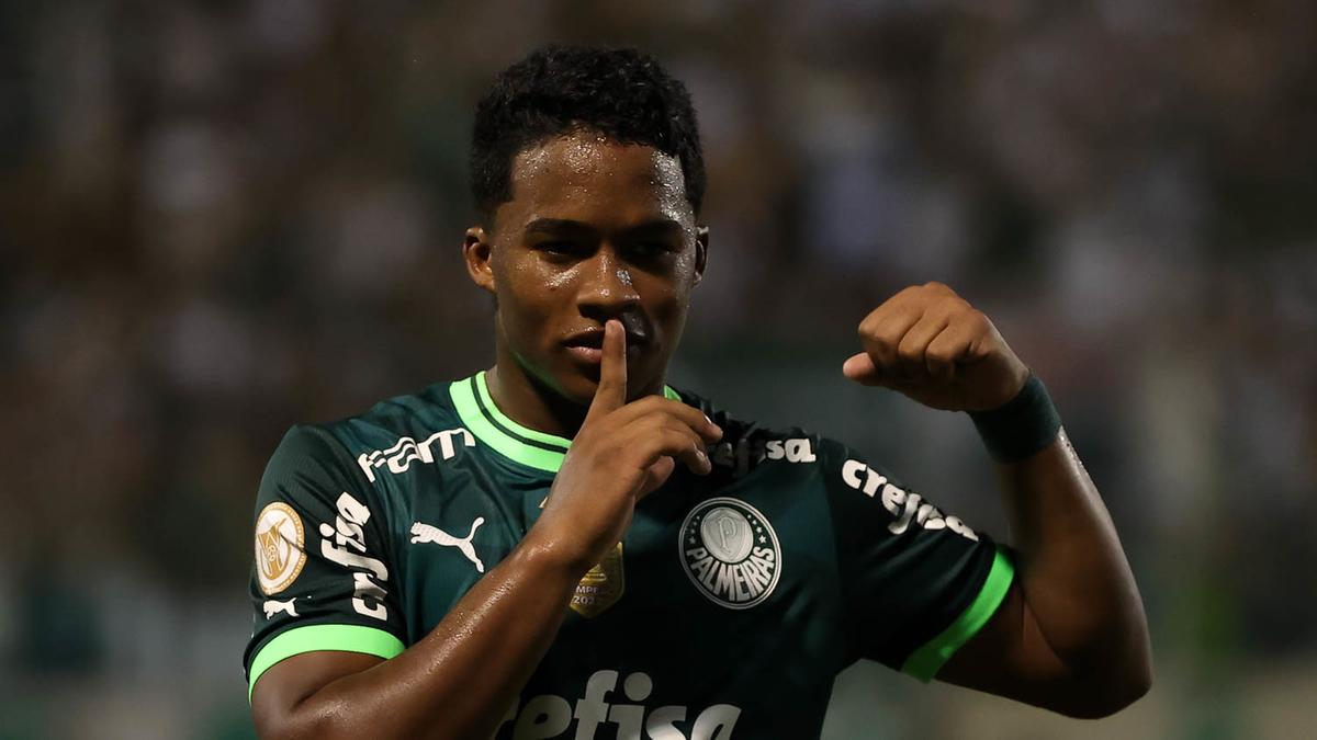 Endrick comemora seu gol contra o Internacional (Cesar Greco/Palmeiras)