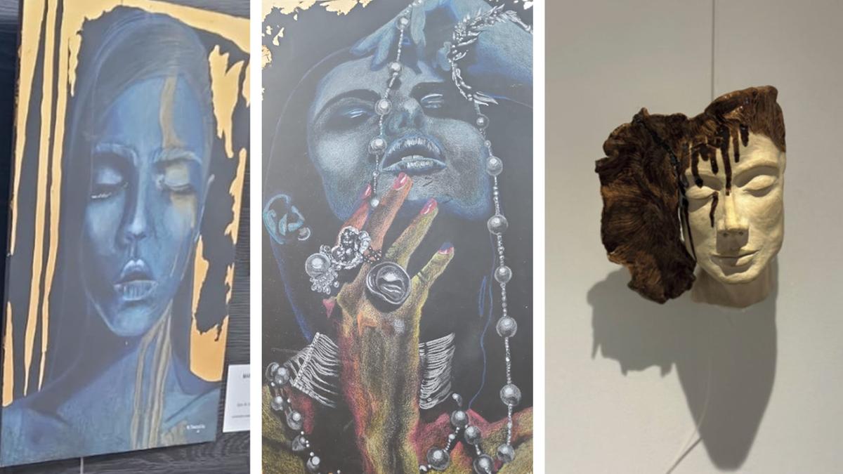 Mariana Junqueira é autora de três quadros na cor azul sobre um fundo dourado que expressam a dor do silêncio de mulheres traumatizadas por homens; enquanto a artista Cristina Sagarra criou uma escultura no formato de máscara, que chamou de “Desolação" (Divulgação)