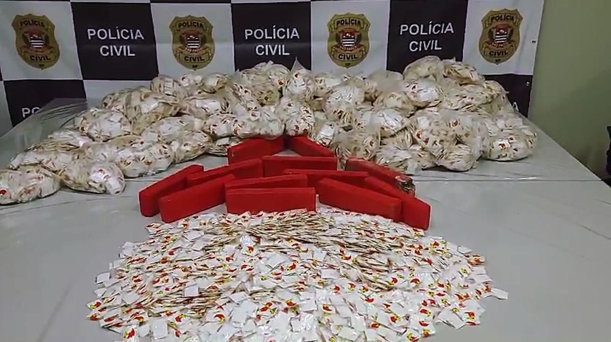 Policiais apreenderam 62.763 unidades de cocaína e 12 tabletes de maconha em um veículo; as drogas estavam embaladas em sacos plásticos (Divulgação/ Deic)