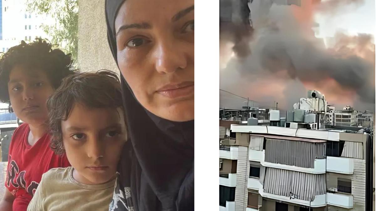 Lindaura Lianes Hizaki e filhos e à direita Fumaça e fogo de bombardeio visto da varanda da casa da brasileira, em Beirute (Lindaura Lianes Hijazi/Arquivo Pessoal)