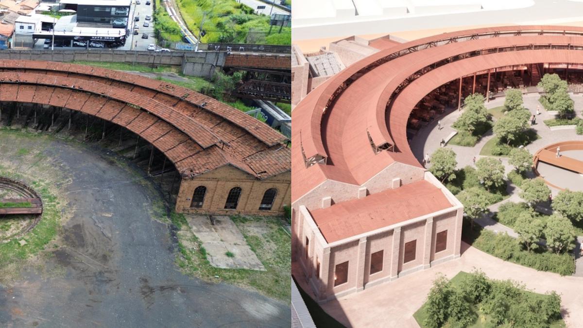 Fotografia atual da rotunda (esquerda), estrutura ferroviária circular, e o croqui de como a estrutura ficará após a restauração: Hub de Inovação dará início à ocupação do Pátio Ferroviário de Campinas (Alessandro Torres;Divulgação PUC-Campinas)