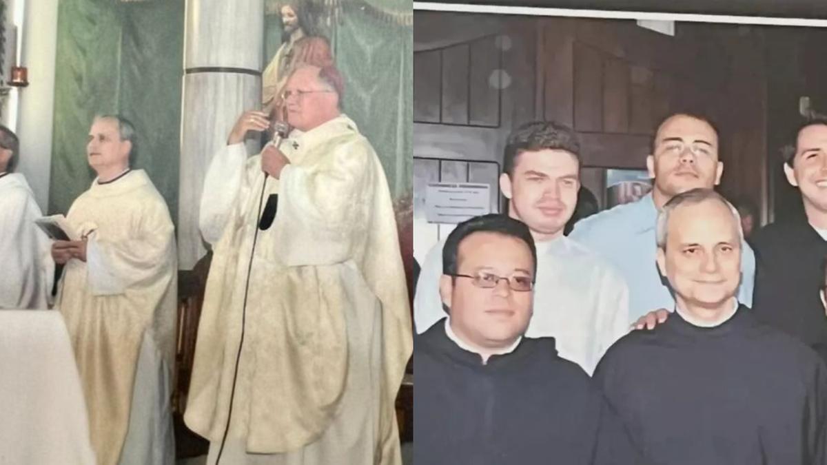O atual papa Leão 14, então líder da Ordem dos Agostinianos (esquerda), participa em 2008 de missa presidida pelo arcebispo metropolitano de Campinas, Dom Bruno Gamberini; Leão 14 (primeiro plano, à direita) posa ao lado de religiosos da Arquidiocese de Campinas. (Divulgação)