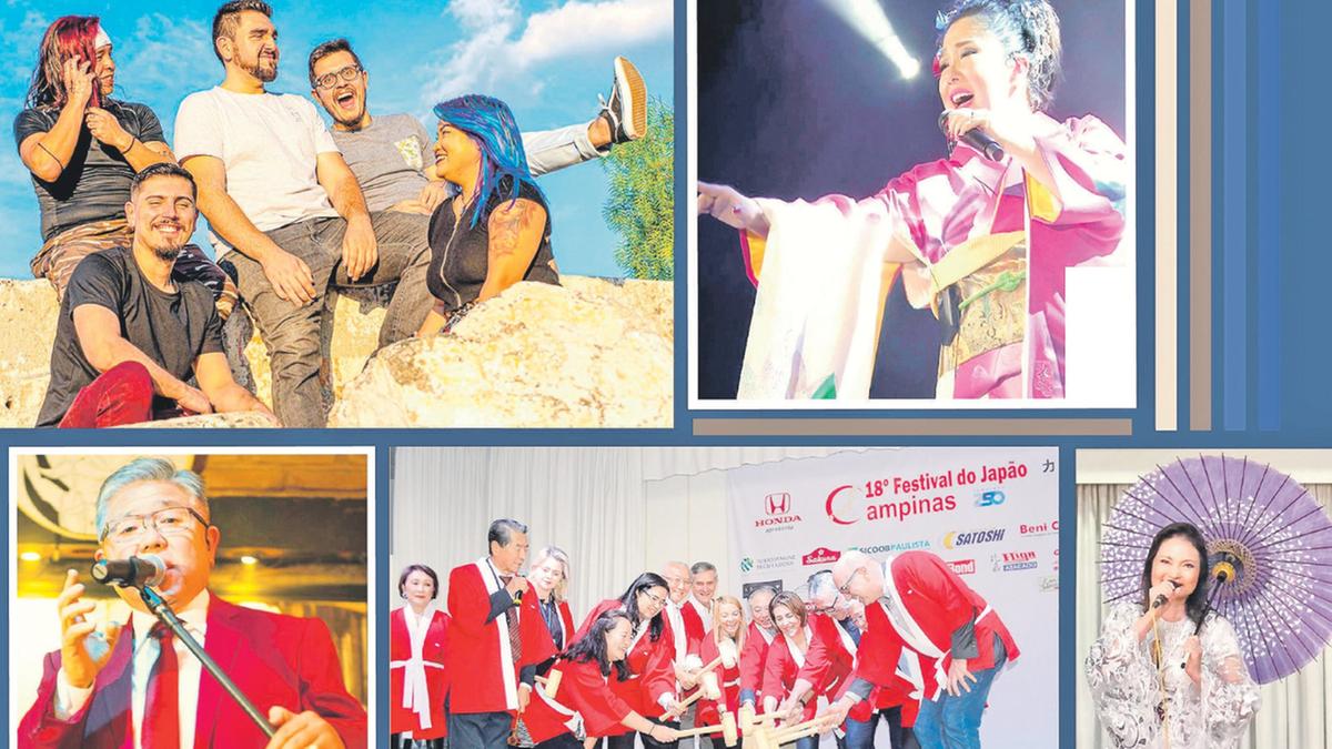 Acima, da esquerda para a direita: Banda Crawl Party, Karen Ito; Abaixo, da esquerda para a direita: Luis Yabiku, ritual Kagami Biraki, Isa Toyota. (Divulgação)